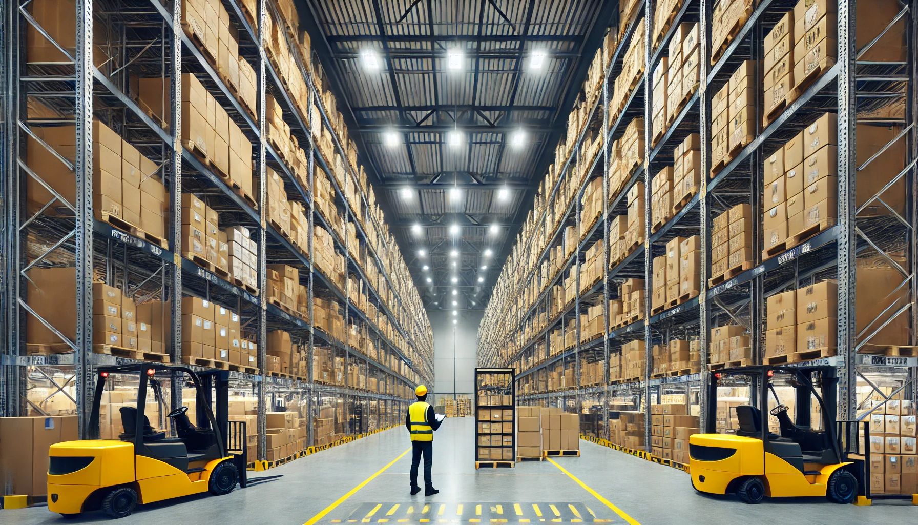 Warehouse employee stands in front of vast amounts of inventory in huge warehouse