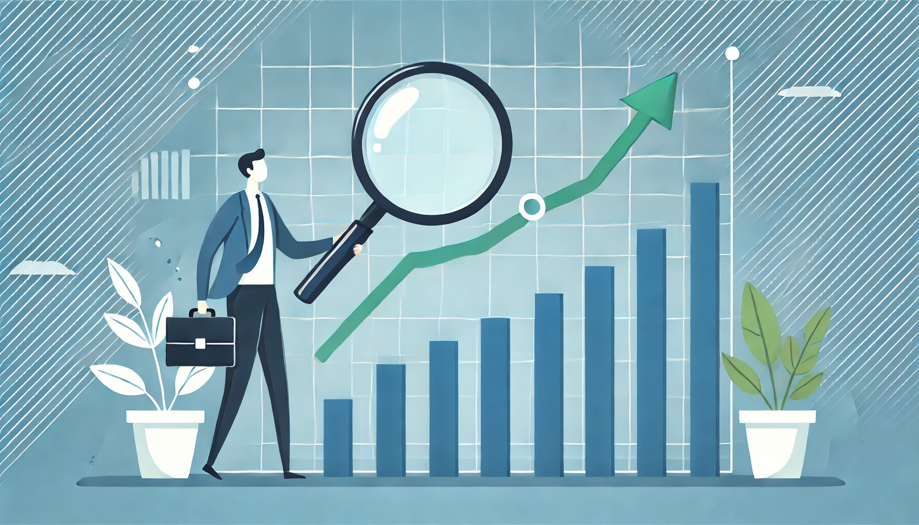 Man holding large magnifying glass in front of rising graph